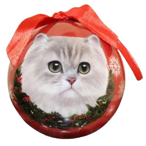 Red Christmas ball ornament featuring a white Persian cat illustration with festive wreath and snowflakes decoration