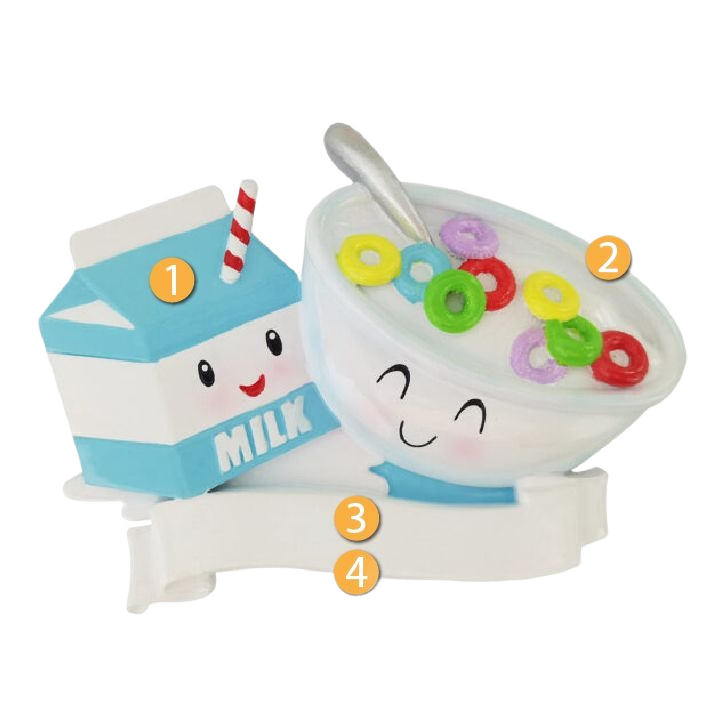 Smiling milk carton and bowl of colorful cereal with spoon, personalized festive ornament for Christmas tree decor under 50 dollars