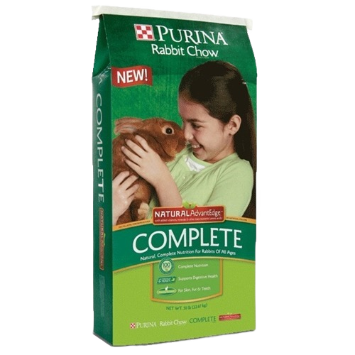 Green bag of Purina rabbit chow featuring a girl holding a brown rabbit with nutrition benefits listed on the front