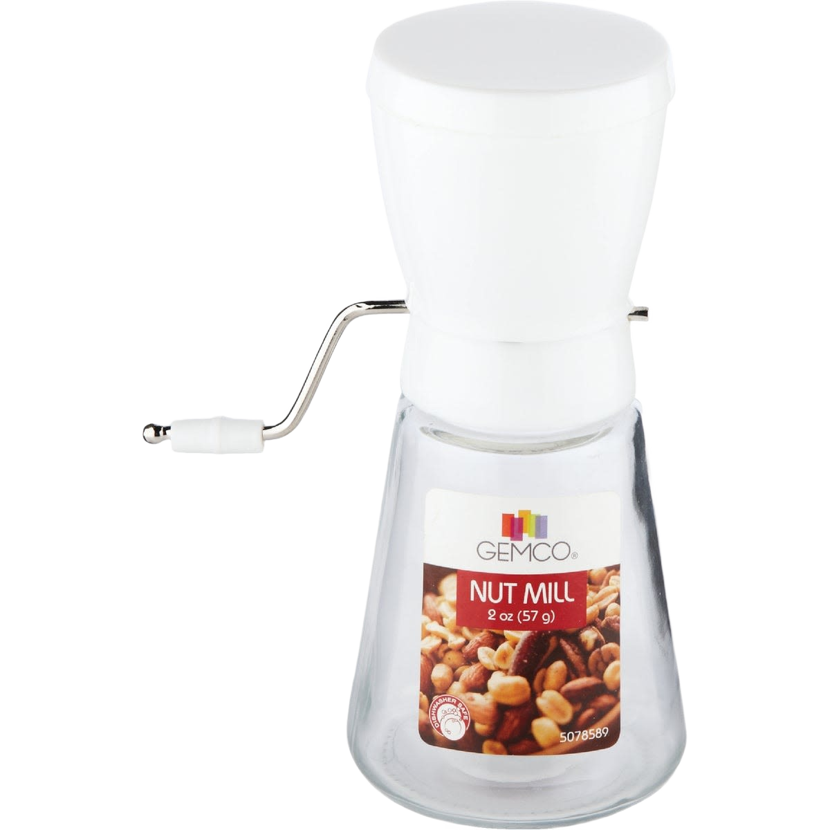 Manual nut grinder with white top and crank handle, clear container, ideal for kitchenware and home use under $50.