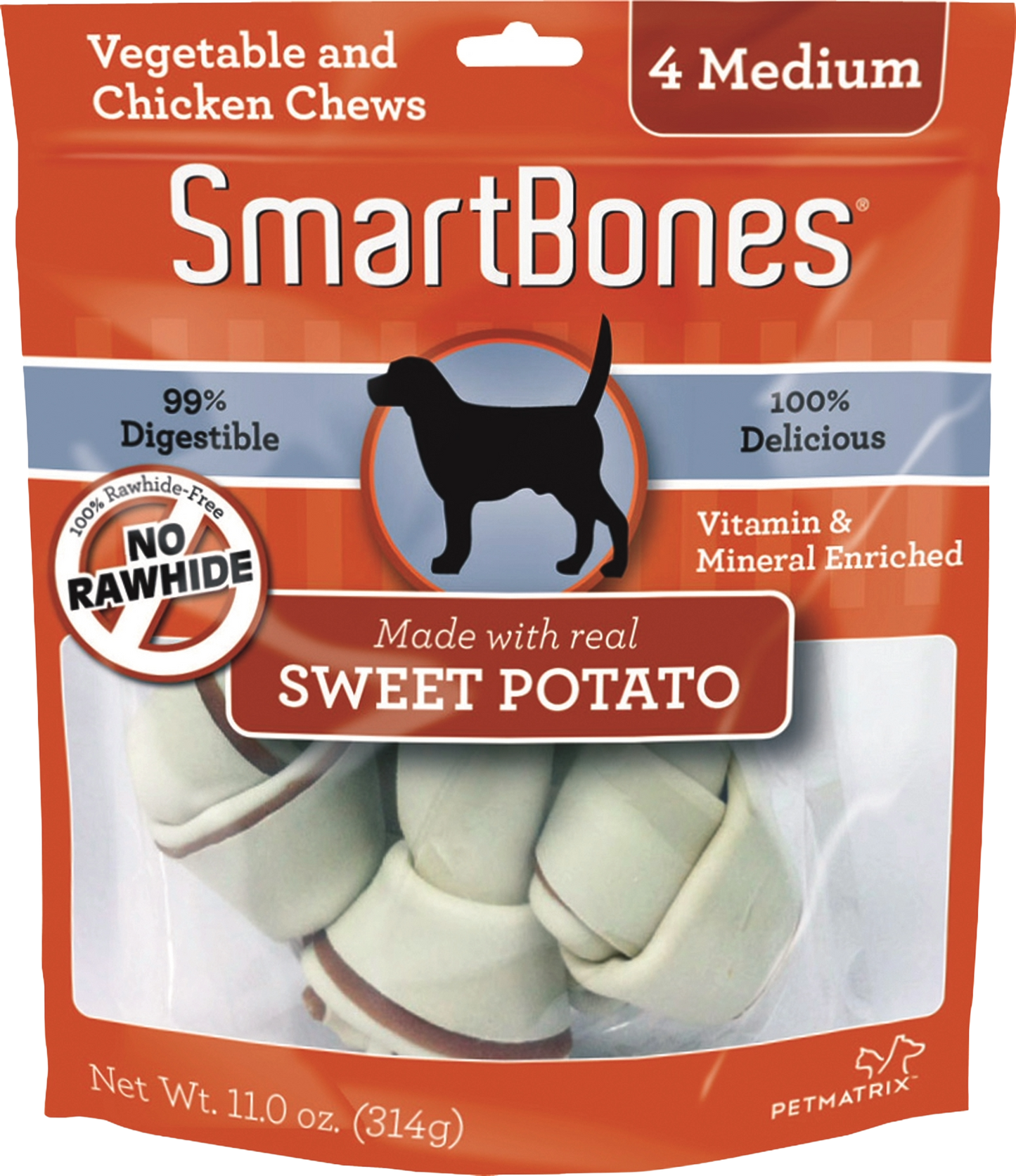 Orange and white package of vegetable and chicken dog chews made with real sweet potato, 4 medium pieces inside.