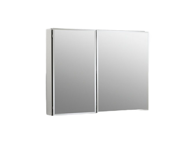 Aluminum two-door medicine cabinet with mirrored surfaces, designed for home improvement and bathroom storage use