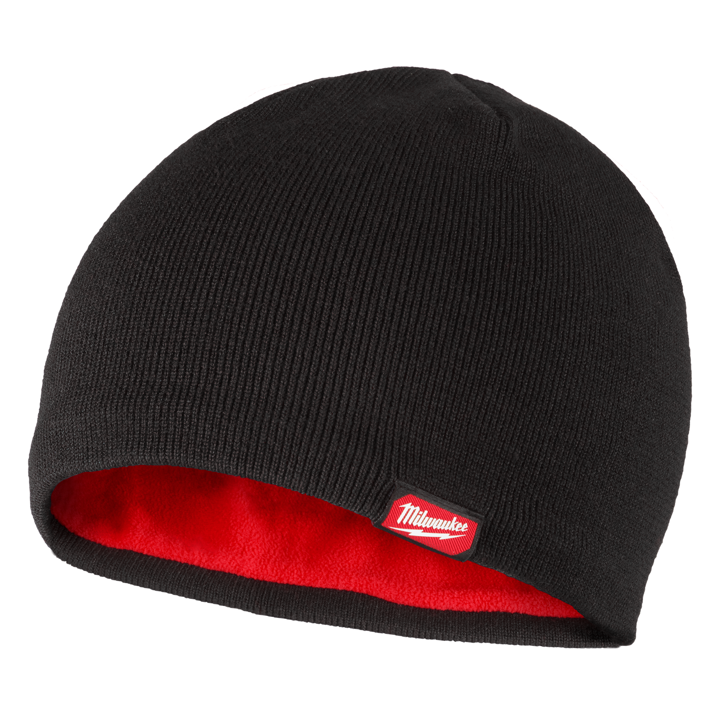 Black knit beanie with red fleece lining for warmth and comfort, part of Milwaukee Apparel clothing collection under $50