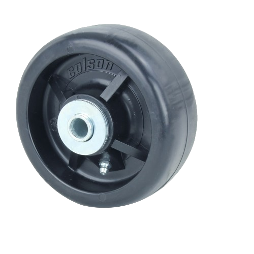 Black durable mower deck wheel with metal hub and grease fitting for automotive and outdoor tool replacements
