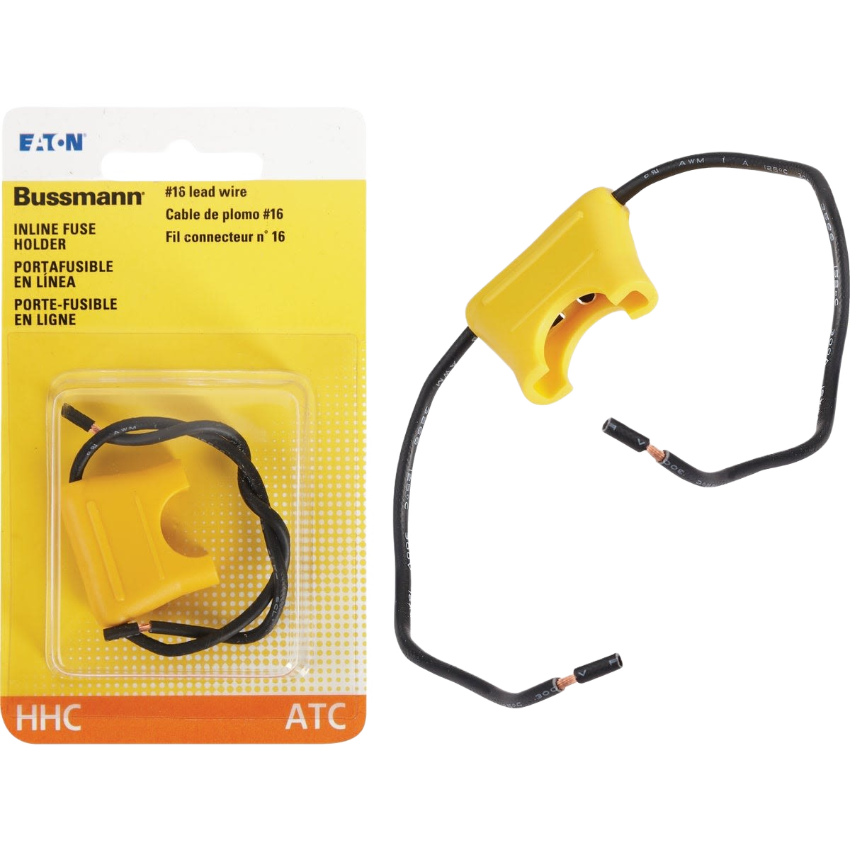 Yellow inline blade fuse holder with black leads designed for electrical wiring and home improvement projects