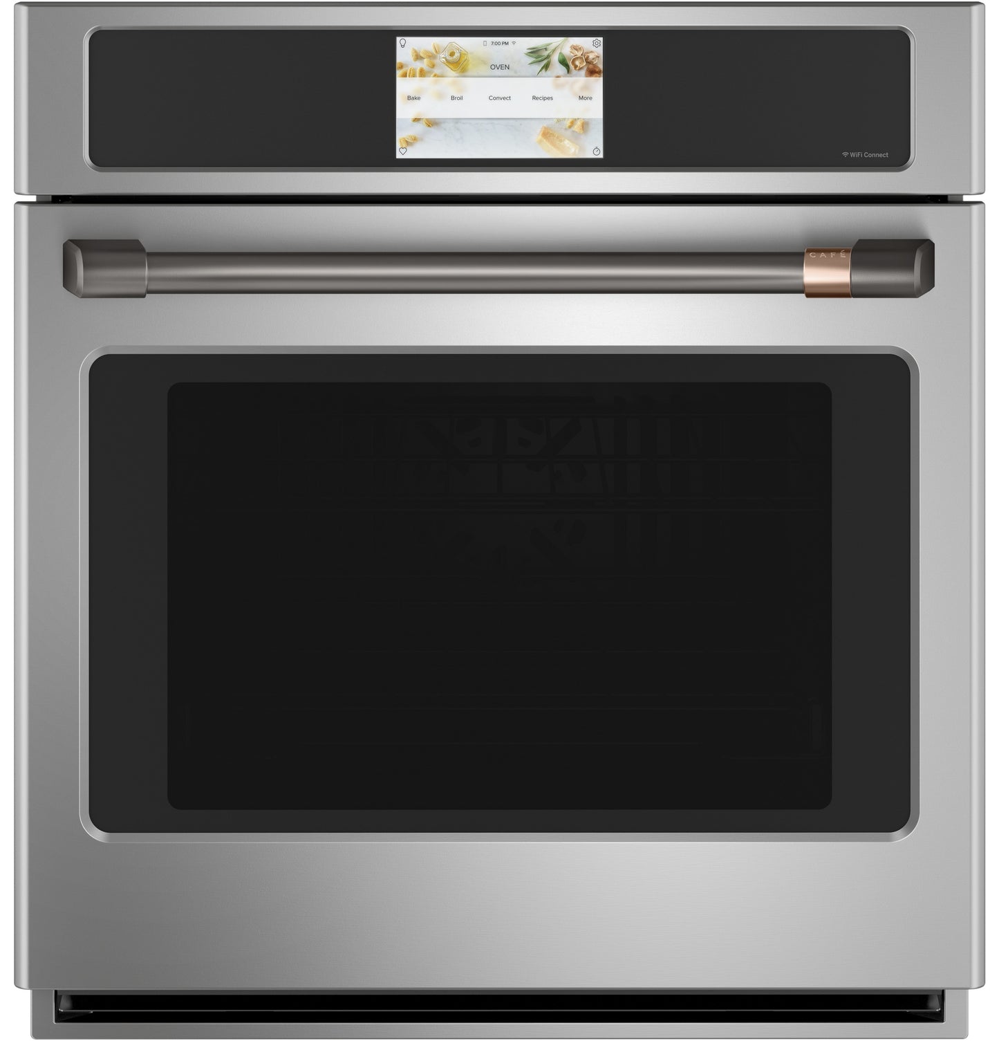 Stainless steel smart single wall oven with convection, bronze handle, and touchscreen control in appliances collection