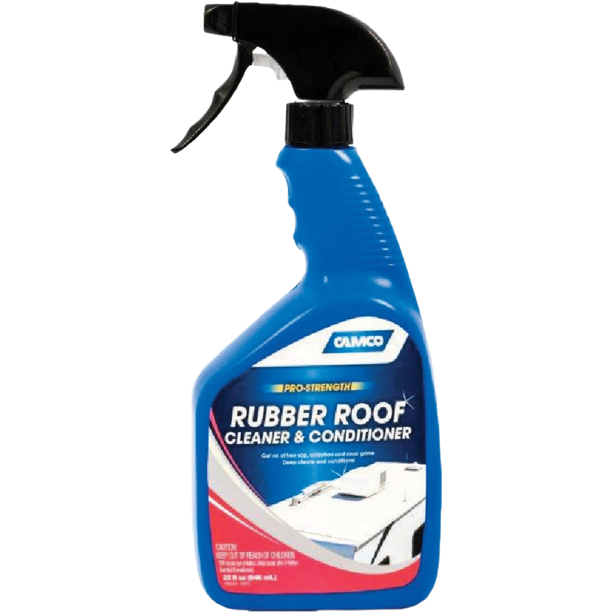 Blue spray bottle of rubber roof cleaner and conditioner for RV maintenance and home improvement use