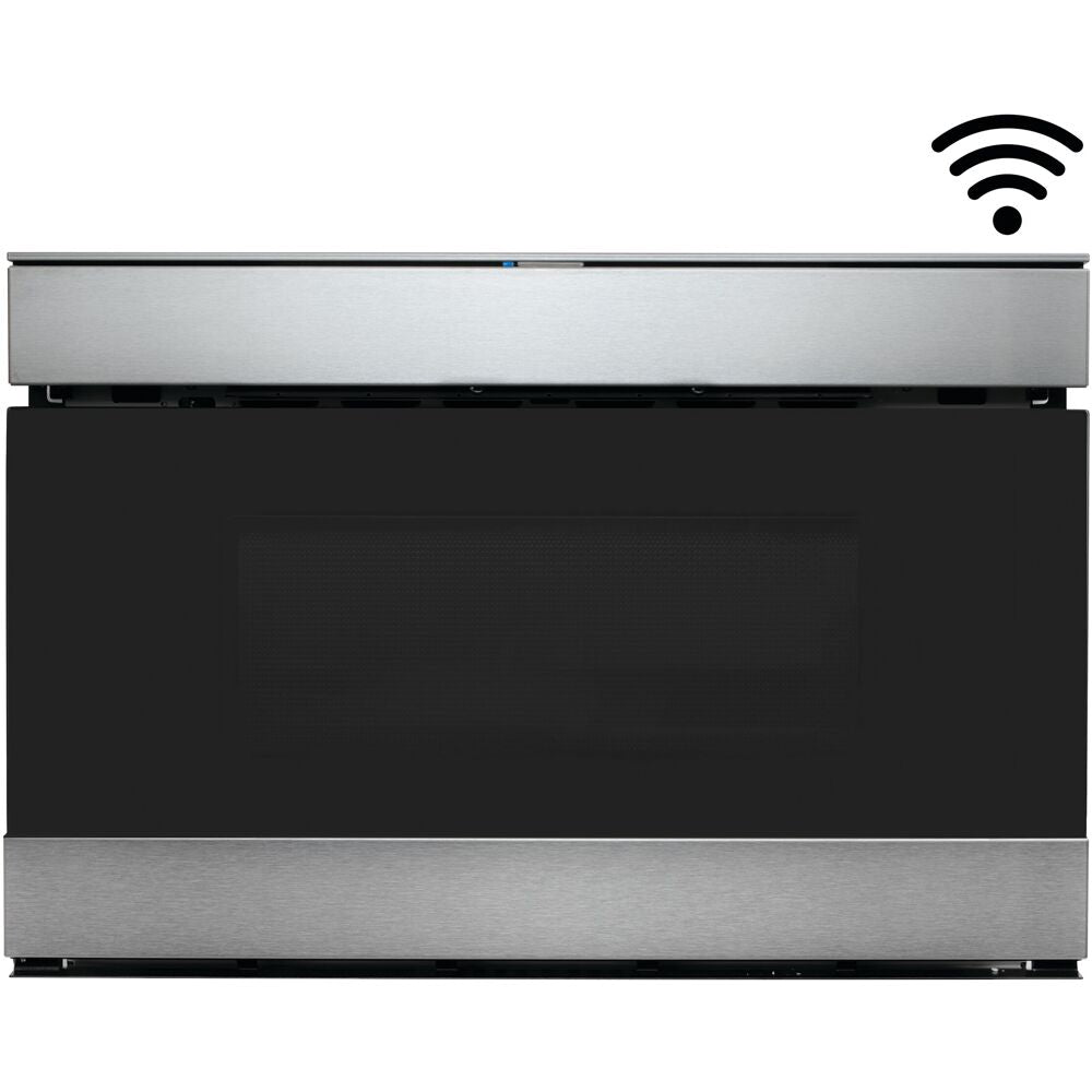 Built-in stainless steel flat panel microwave drawer with Wi-Fi connectivity for smart kitchen appliances integration
