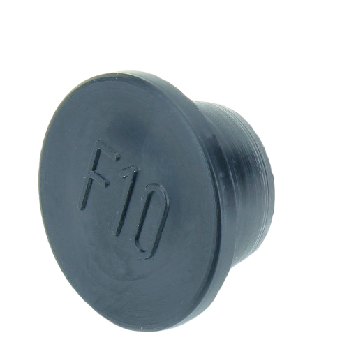 Black plastic threaded plug with raised F10 marking designed for equipment maintenance and repair tasks