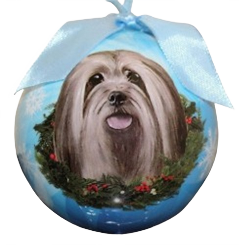 Blue Christmas ball ornament featuring a hand-painted Lhasa Apso dog with festive wreath and bow decoration