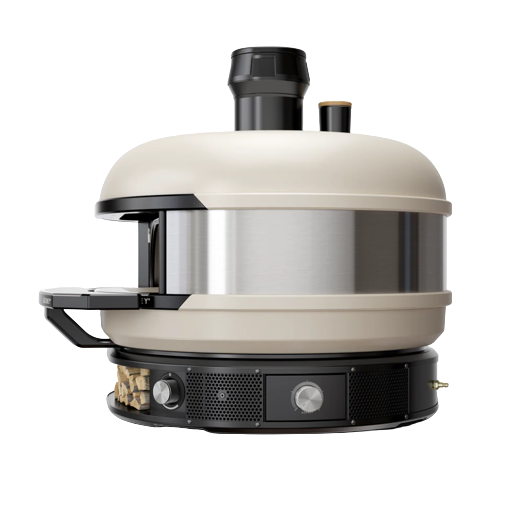 Compact outdoor pizza oven with stainless steel band and cream ceramic-coated dome for grilling and outdoor living collections