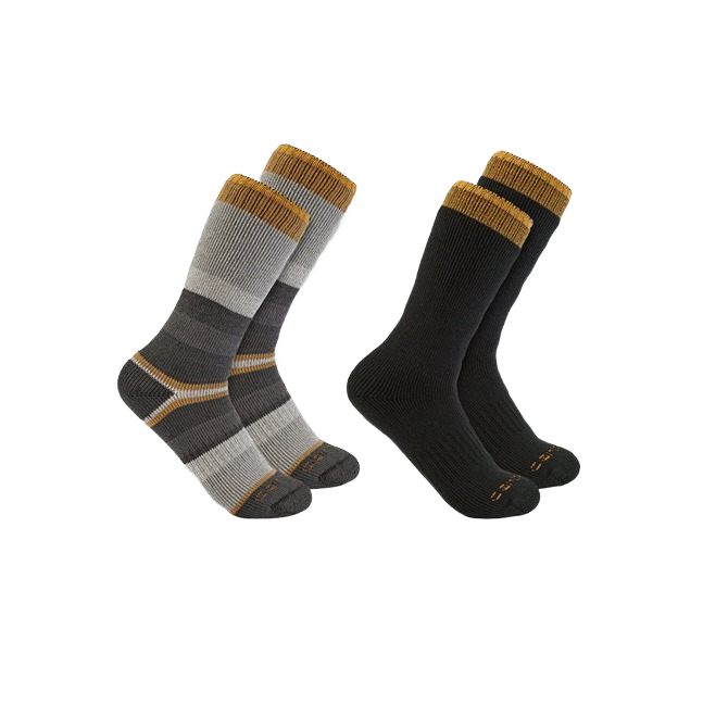 Two pairs of heavyweight crew socks, one solid black and one striped in gray tones, both with gold cuffs, part of Accessories and Clothing & Shoes collections at Hartville Hardware.