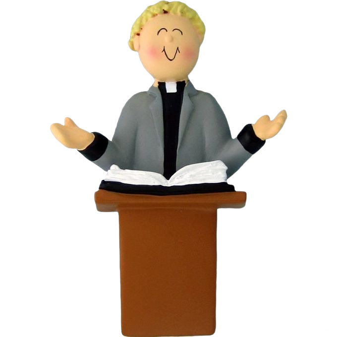 Blonde male minister figurine with open hands standing behind pulpit and open book from Christmas Ornaments & Tree Decorations collection