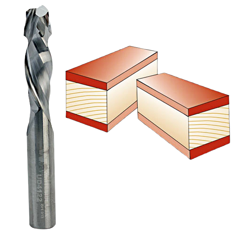 Spiral up/downcut router bit next to laminated wood blocks for smooth chip-free cutting in tool accessories collections
