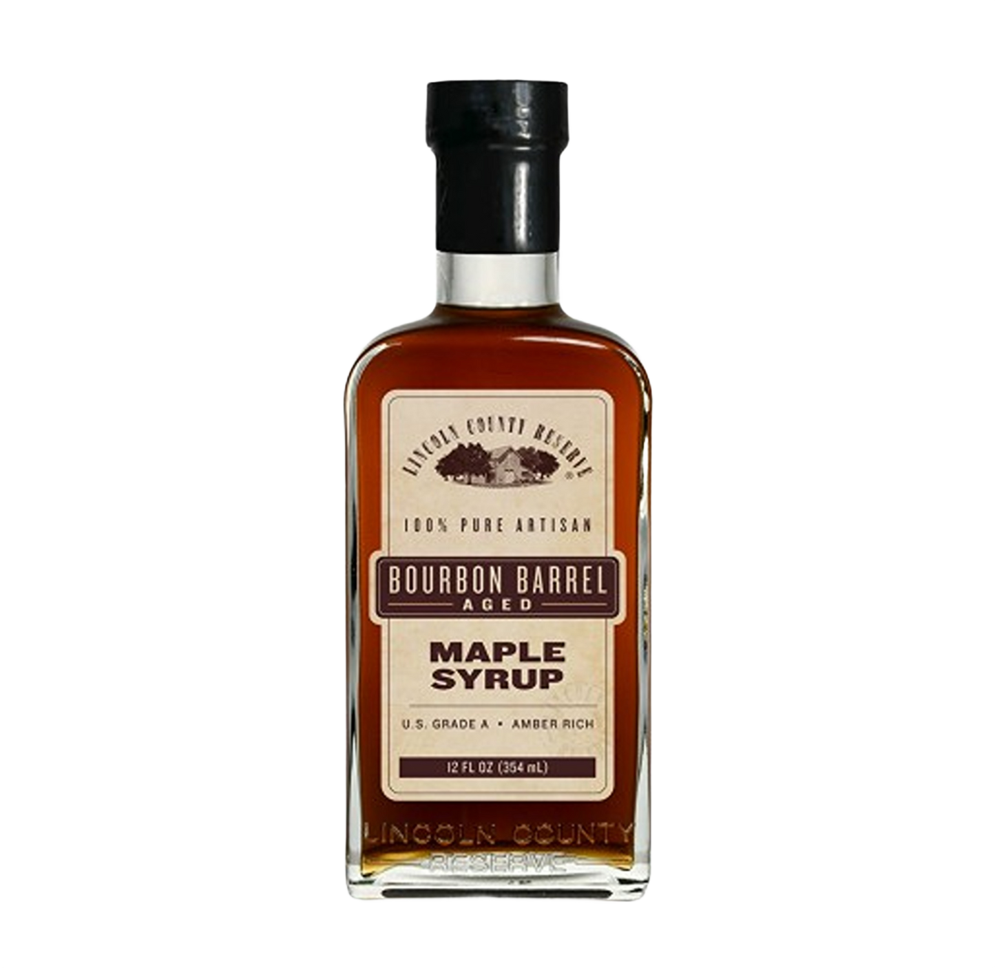 Glass bottle of bourbon barrel aged maple syrup with amber rich liquid and black cap for gourmet use