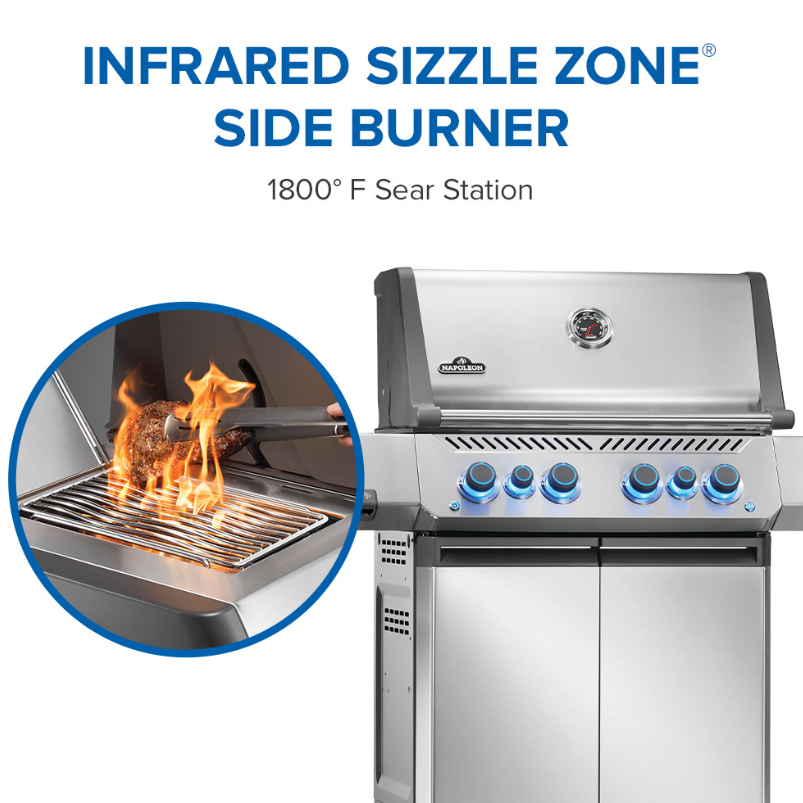 Stainless steel natural gas grill with six illuminated control knobs, built-in thermometer, and infrared side burner for high-heat searing in outdoor cooking.