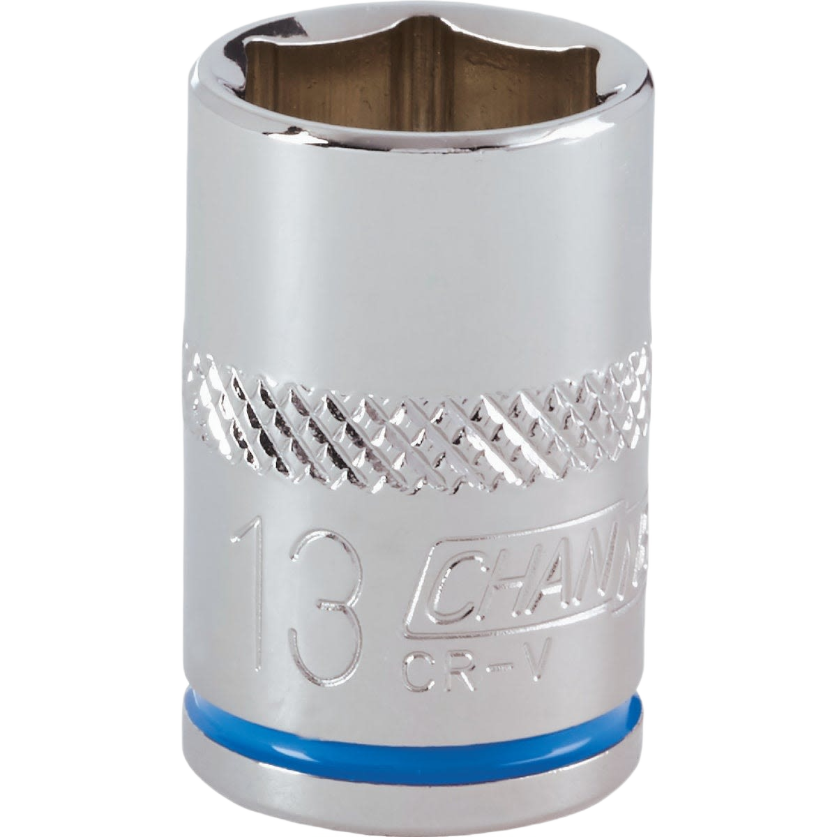 13mm shallow chrome socket with textured grip and color band for hand tools and home improvement projects