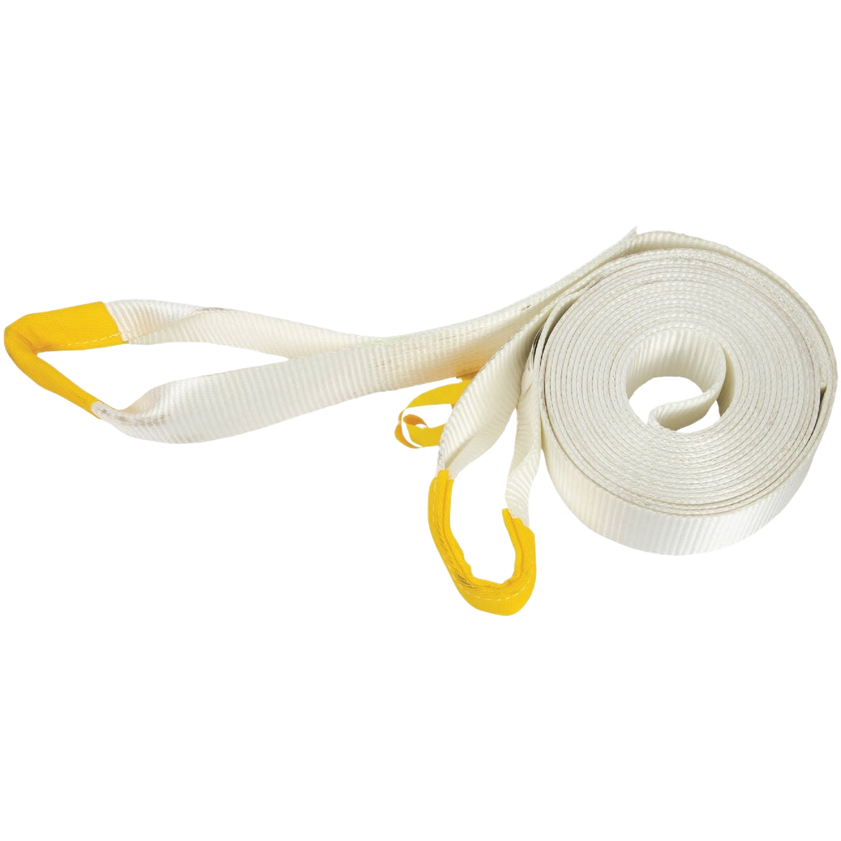 Heavy-duty white tow strap with reinforced yellow loops designed for vehicle recovery and towing tasks.