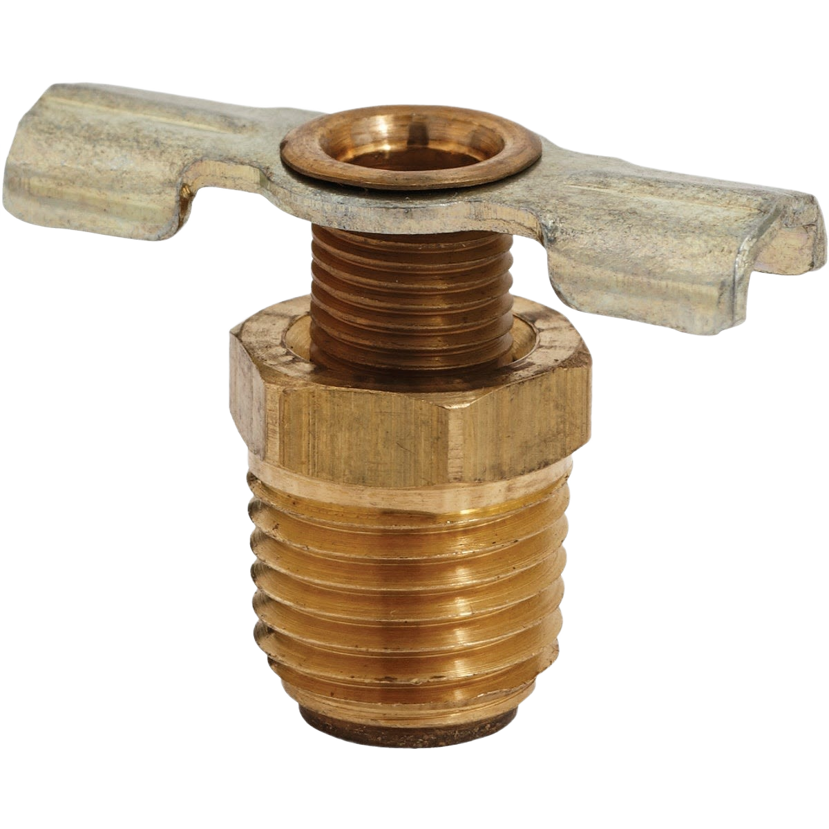 Brass drain valve with threaded connection and steel T-handle for durable drainage in home improvement and air tools collections