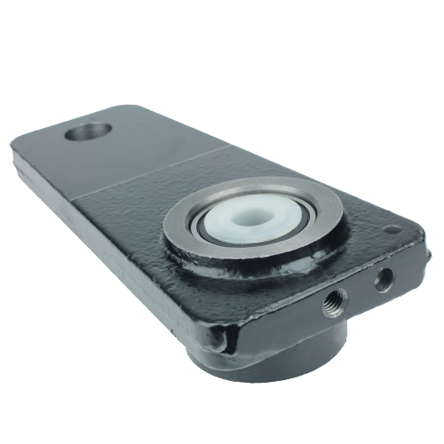 Black metal mower deck drive arm with mounted bearing and threaded holes for tools and home improvement use