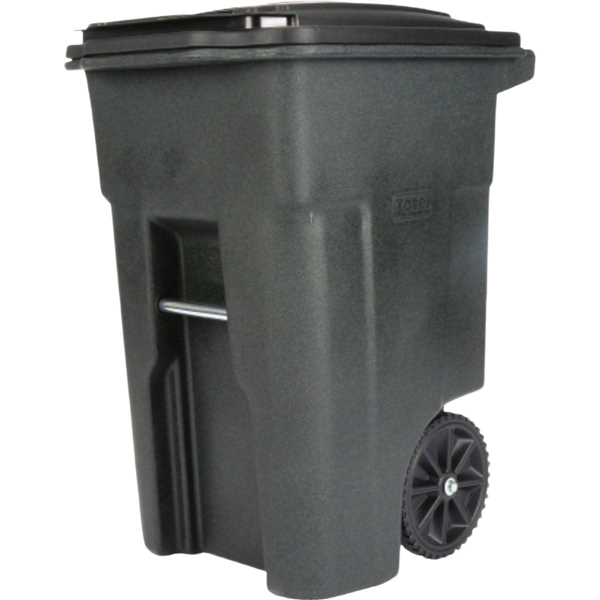Heavy-duty commercial trash can with large wheels for easy mobility in janitorial and cleaning supplies collections