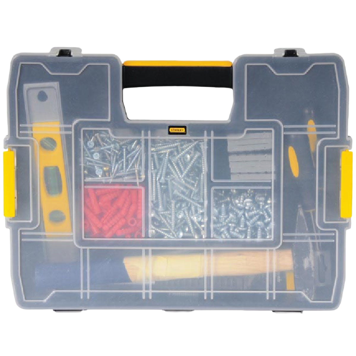 Transparent plastic parts organizer with yellow latches and compartments holding screws, nails, and small tools for workshop storage