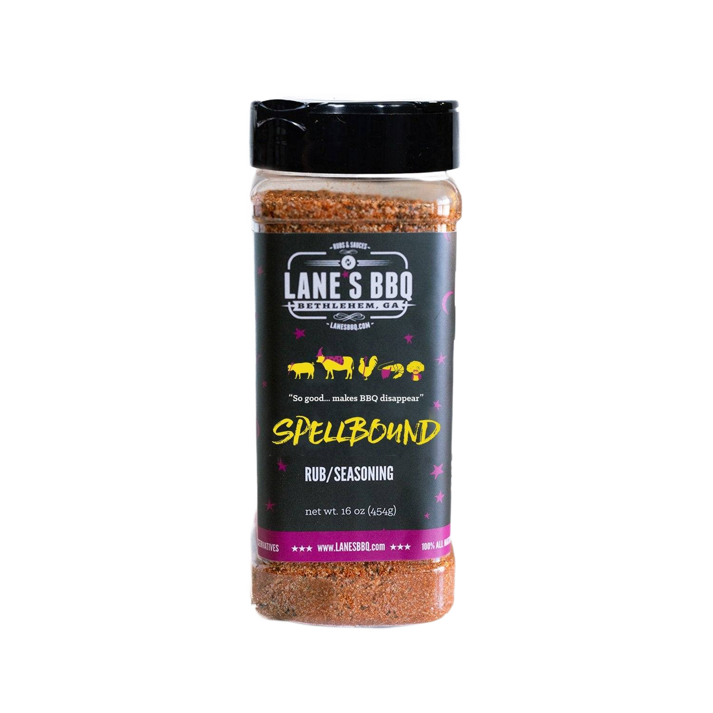 Plastic bottle of Lane's Spellbound Rub seasoning with black label and yellow text for grilling and BBQ collections