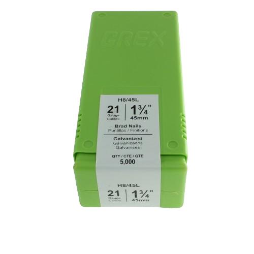Green plastic box containing 21-gauge galvanized brads measuring 1 3/4 inches for home improvement projects