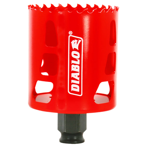 Red steel hole saw with sharp teeth and Diablo logo designed for drilling in home improvement projects