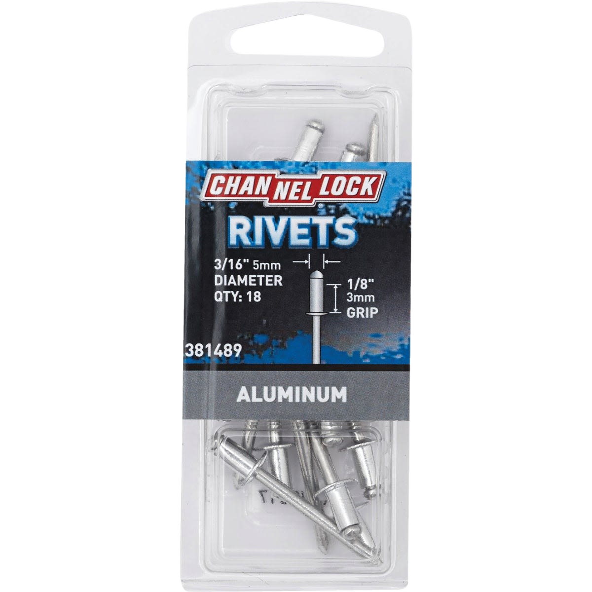 Clear plastic package containing silver aluminum pop rivets with grip and diameter details for home improvement projects