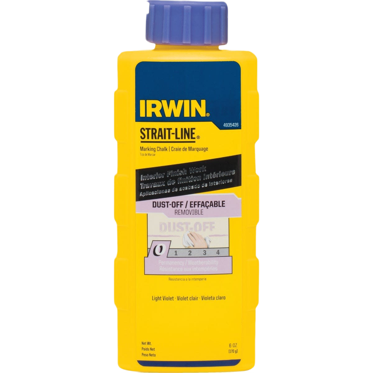 Yellow plastic bottle of light violet dust-off marking chalk for interior use in woodworking and measuring tools collections