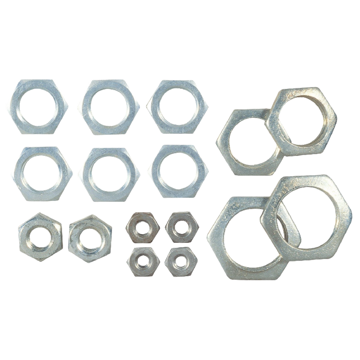 Set of assorted steel locknuts in multiple sizes for lamp parts and electrical applications in home improvement collections