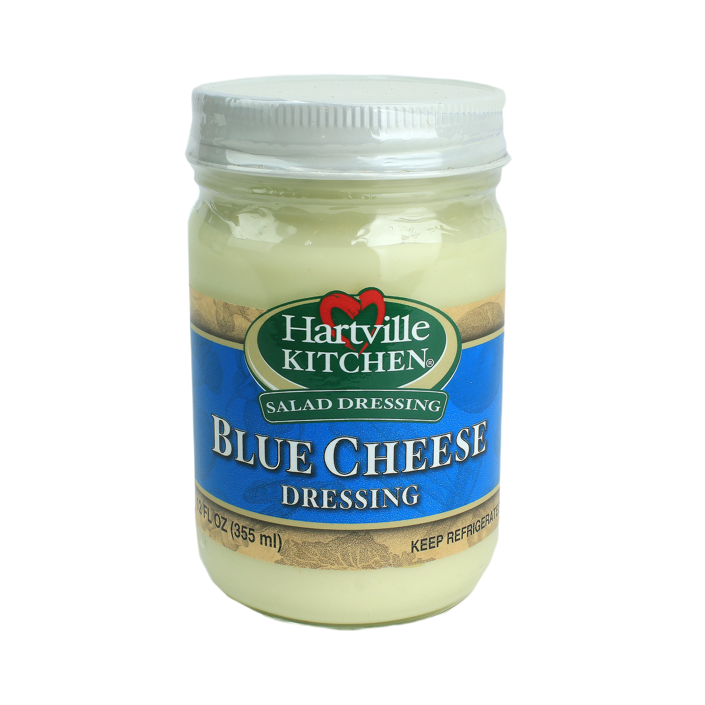 Glass jar of Hartville Kitchen blue cheese salad dressing with blue and green label from refrigerated food collection