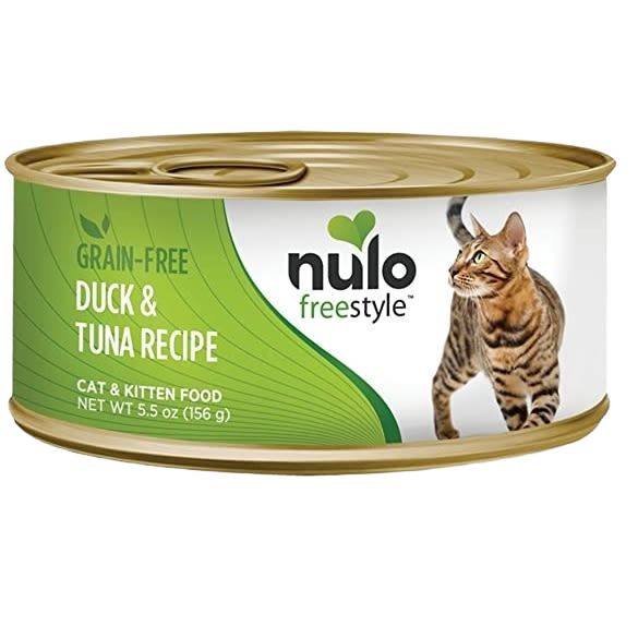 Canned cat food featuring grain-free duck and tuna recipe with a cat image, part of pet and cat food collection