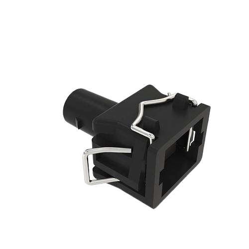 Black single cavity external electrical connector housing with metal locking clips for John Deere parts and accessories collections