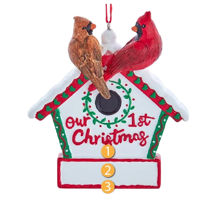Personalized 1st Christmas birdhouse ornament with red and brown cardinals for holiday tree decorations under $50