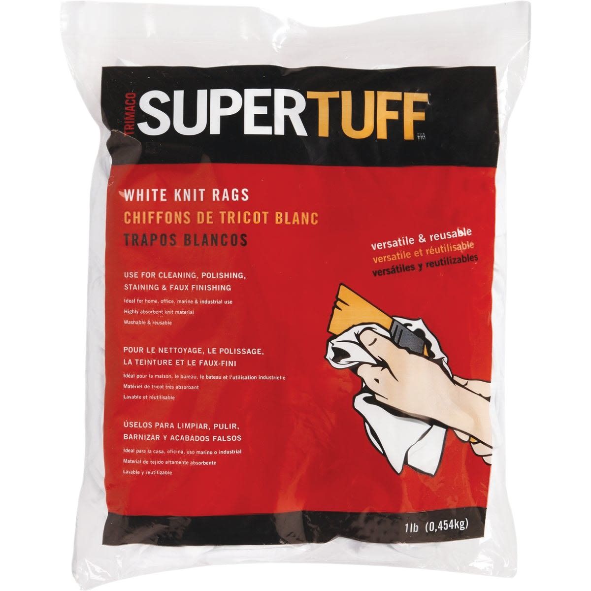 Pack of white knit rags in resealable packaging for cleaning, polishing, and finishing in home improvement tasks