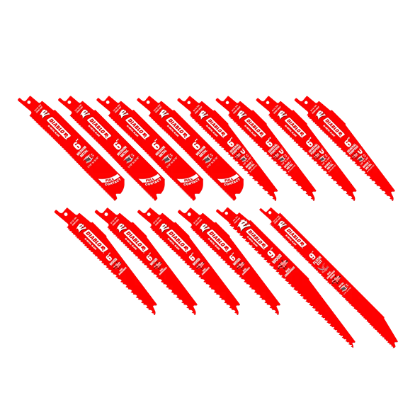 Set of 14 red bi-metal demolition saw blades designed for wood and metal cutting in power tool accessories collections