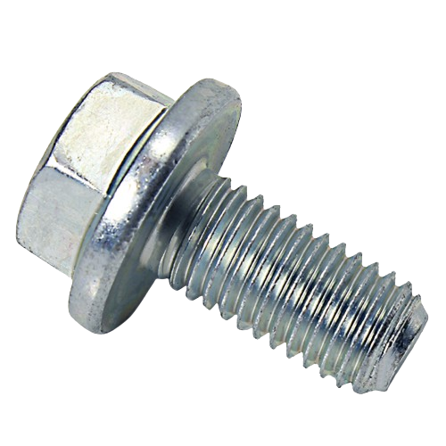 Silver hex bolt with integrated washer and threaded shaft designed for mower blade attachment applications