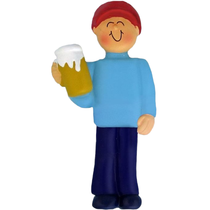 Male figure ornament in blue shirt and red cap holding frothy beer mug, part of Christmas Ornaments & Tree Decorations collection under $50