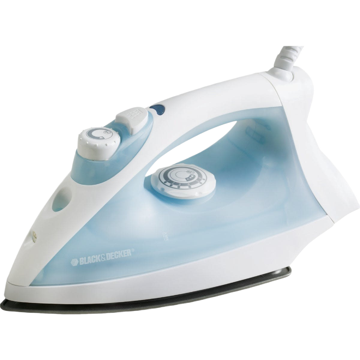 White and blue home steam iron with stainless steel soleplate and adjustable dial for tools and home improvement use