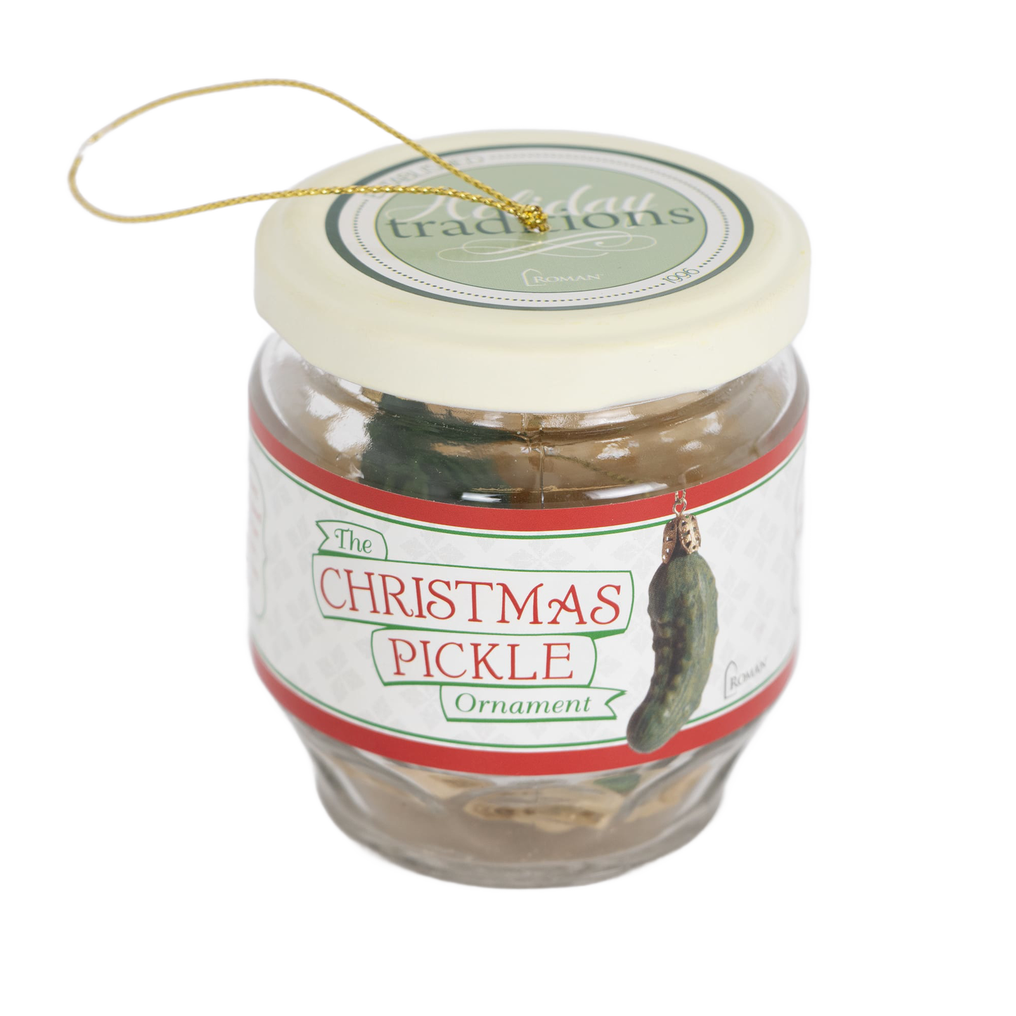 Glass jar with festive label holding a green pickle ornament and gold hanging string in holiday ornament collection