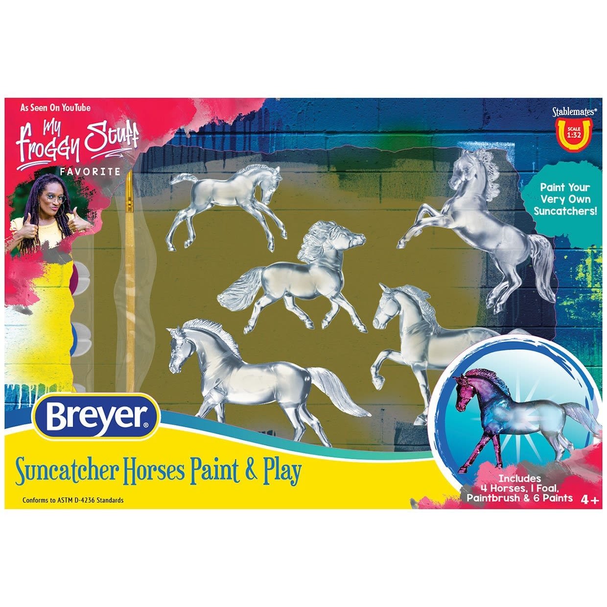Set of clear horse-shaped suncatchers with paintbrush and paints for creative home decoration activities