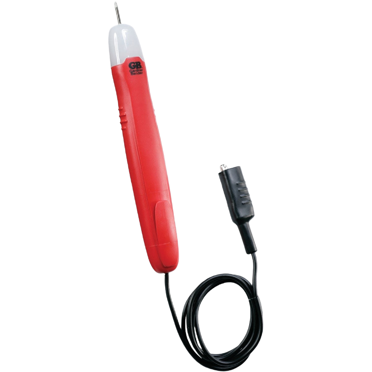 Red handheld continuity tester with black probe cord for electrical troubleshooting and home improvement tasks