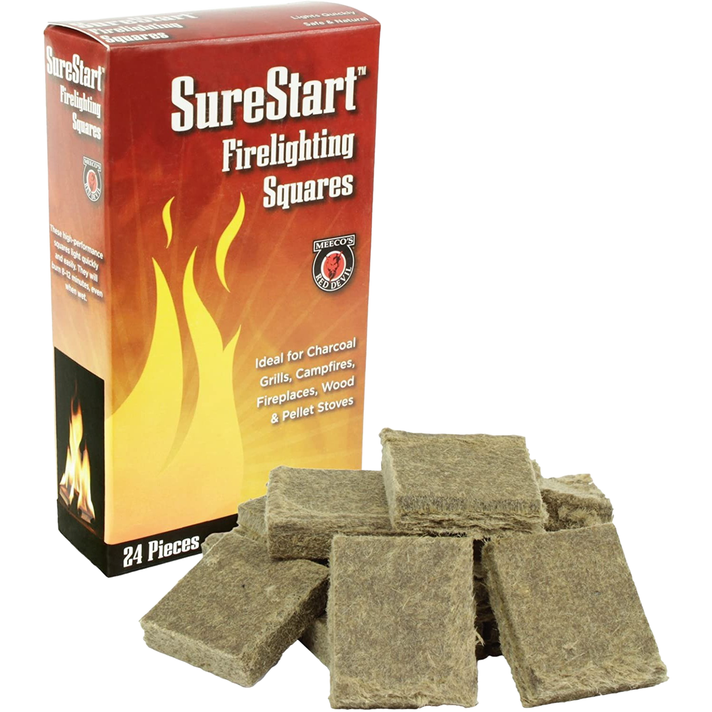 Box of firelighting squares with 24 compressed wood and fiber wax pieces for outdoor living and lawn and garden use