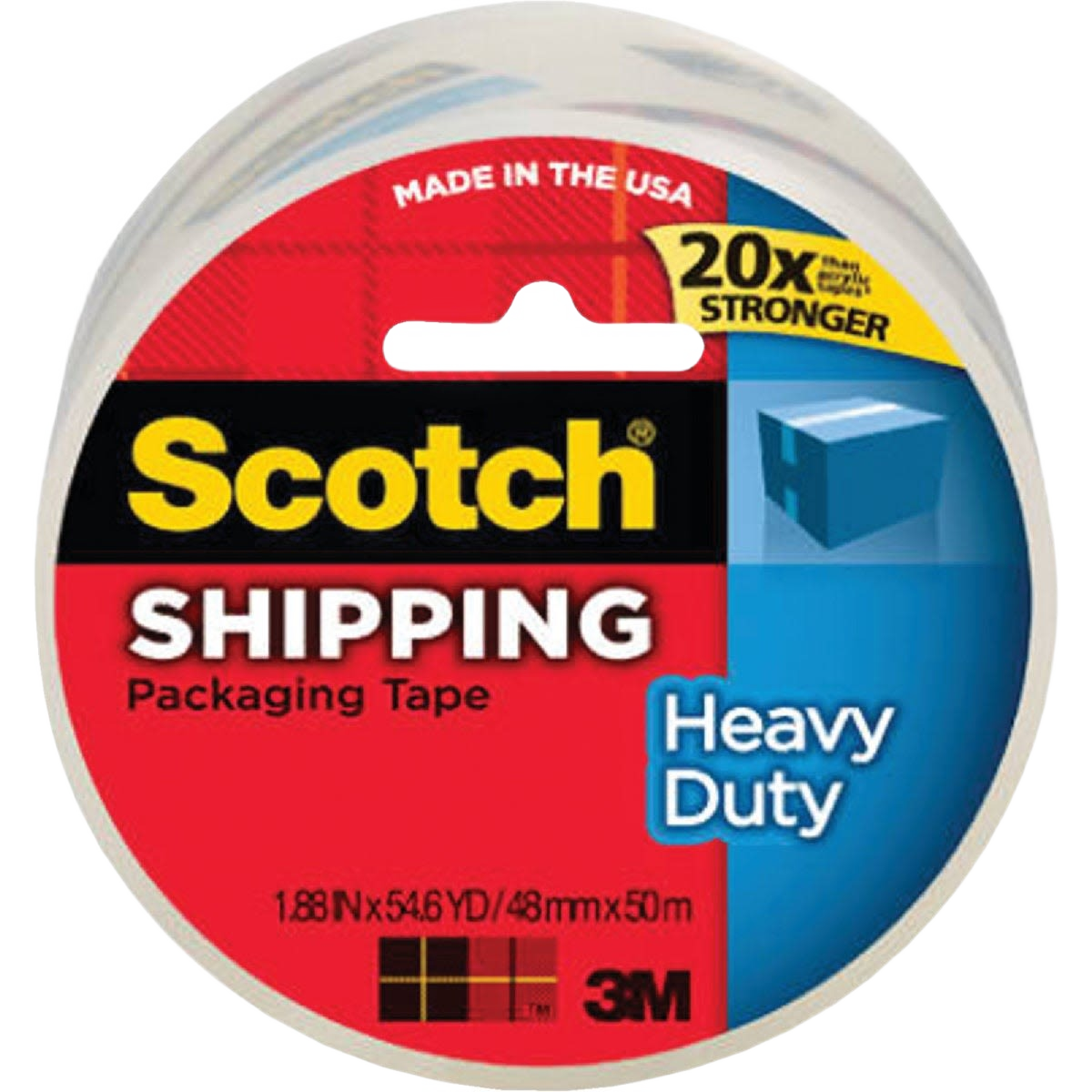 Clear heavy-duty packaging tape roll with red and blue label emphasizing strength and durability for shipping tasks