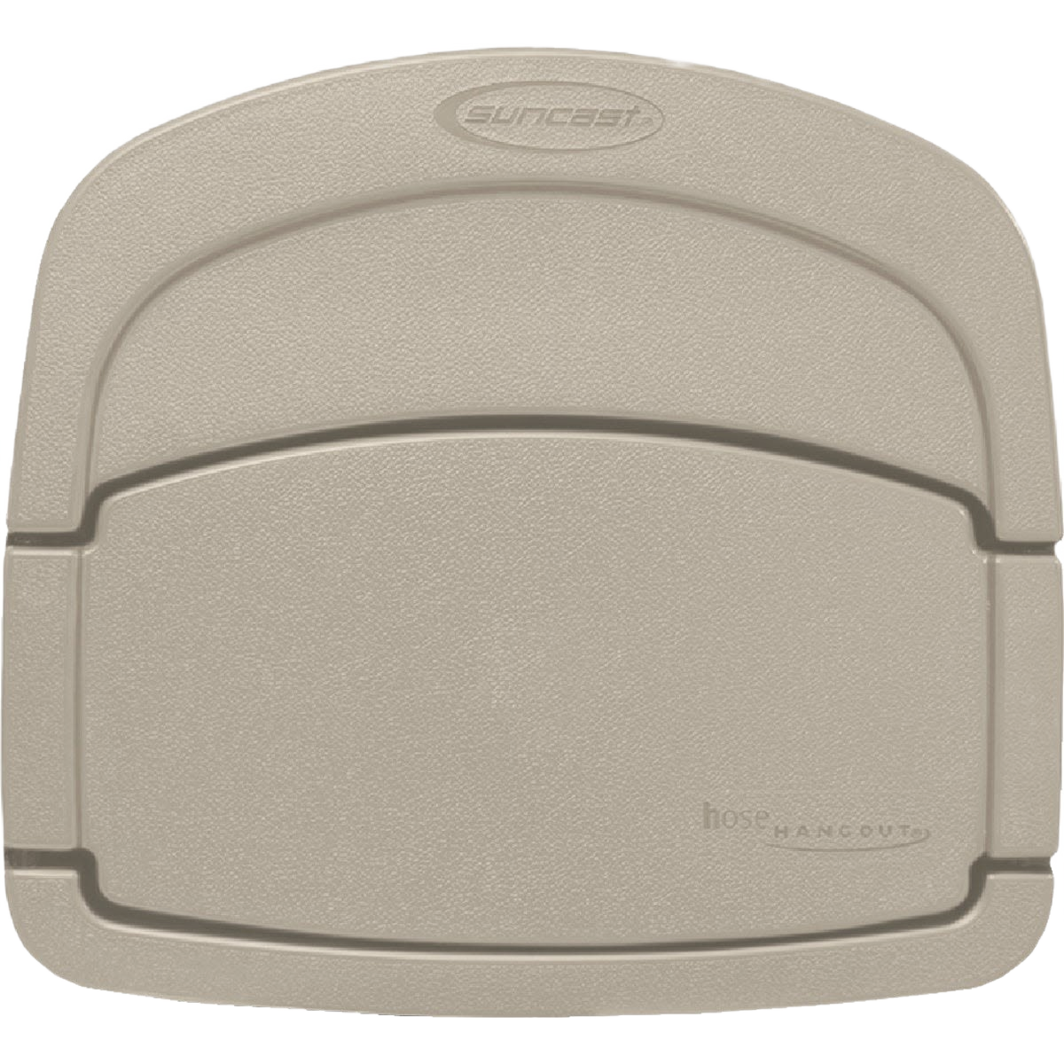Beige wall-mounted hose hanger with enclosed storage for garden hoses in Lawn & Garden and Watering & Irrigation.