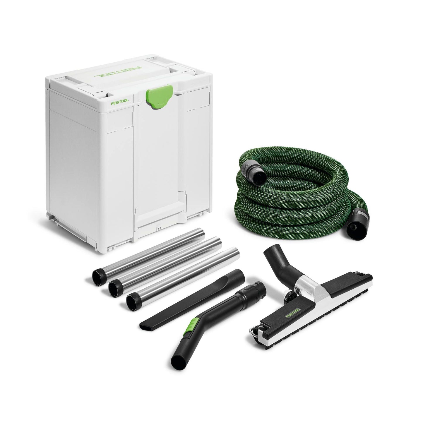Festool floor cleaning set with hose, metal tubes, wide nozzle, and storage case for dust management tools collection
