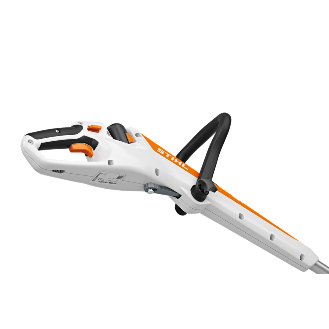 White and orange STIHL trimmer handle with ergonomic grip and control buttons for tools and home improvement use