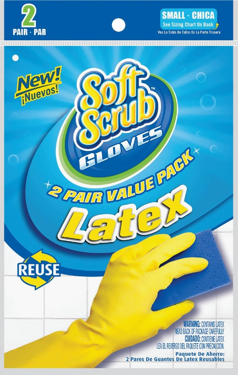 Packaging for 2 pairs of small yellow latex gloves designed for cleaning and household tasks reuse under $50 collections
